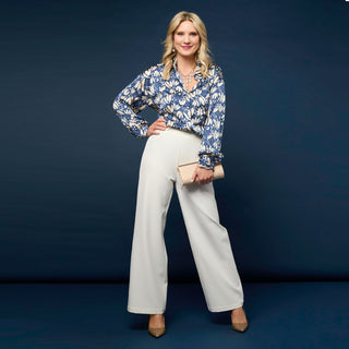 Avyanna Silky Printed Button-Up Top - Navy/Ivory