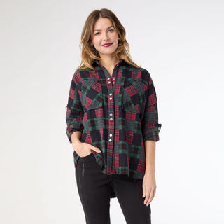 Lizzi Raw Trim Pieced Flannel Top - Black/Red/Green