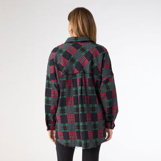 Lizzi Raw Trim Pieced Flannel Top - Black/Red/Green