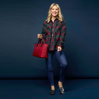 Lizzi Raw Trim Pieced Flannel Top - Black/Red/Green