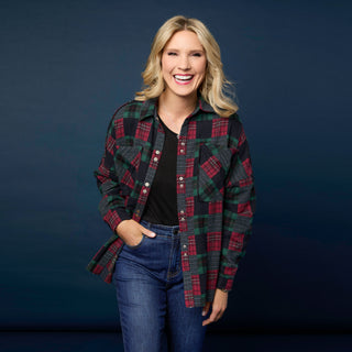 Lizzi Raw Trim Pieced Flannel Top - Black/Red/Green