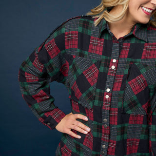 Lizzi Raw Trim Pieced Flannel Top - Black/Red/Green