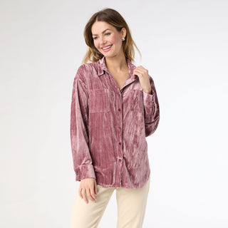 Avyanna Crinkle Velour Button Front Top - Dusty Rose