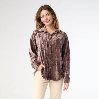 Avyanna Crinkle Velour Button Front Top - Mocha Mousse