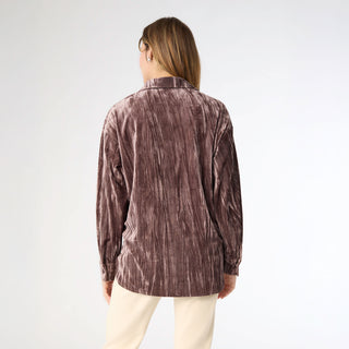 Avyanna Crinkle Velour Button Front Top - Mocha Mousse