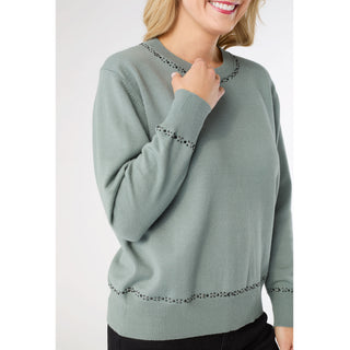Braelyn Button Back Sweater with Rhinestones - Dusty Green