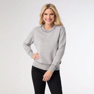 Braelyn Button Back Sweater with Rhinestones - Mid Heather Grey