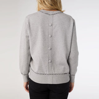 Braelyn Button Back Sweater with Rhinestones - Mid Heather Grey