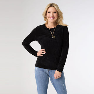 Delanie Crew Neck Textured Top - Black