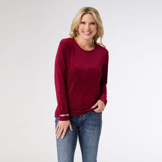 Delanie Crew Neck Textured Top - Wine