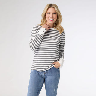 Alexis Super Soft Stripe Top with Snap Cuff - White/Heather Grey
