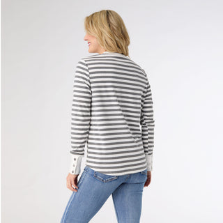 Alexis Super Soft Stripe Top with Snap Cuff - White/Heather Grey
