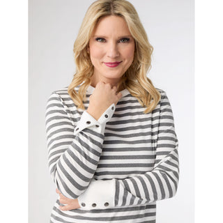Alexis Super Soft Stripe Top with Snap Cuff - White/Heather Grey