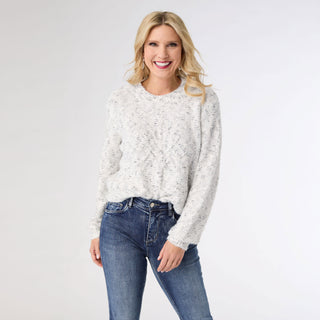 Alivia Sparkle Sweater with Front Cable Knit Tree - Sparkle White Heather
