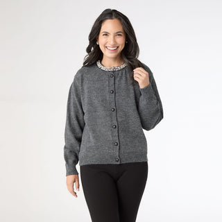 Alayna Cardigan with Pearl Beaded Collar - Charcoal Heather