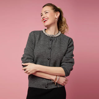 Alayna Cardigan with Pearl Beaded Collar - Charcoal Heather