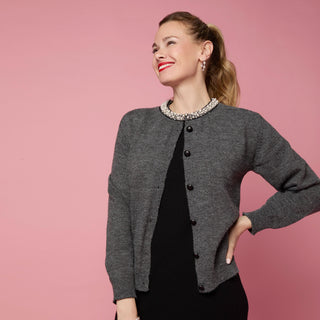 Alayna Cardigan with Pearl Beaded Collar - Charcoal Heather