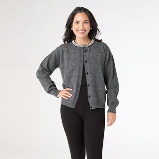 Alayna Cardigan with Pearl Beaded Collar - Charcoal Heather