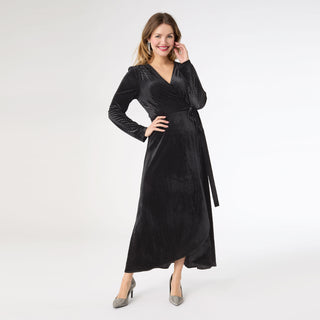 Iva Textured Stripe Velour Wrap Dress - Black