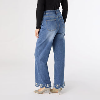 Bambu Soft Wide Leg Scalloped Bottom with Pearls - Medium Denim