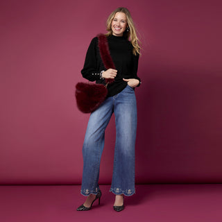 Bambu Soft Wide Leg Scalloped Bottom with Pearls - Medium Denim