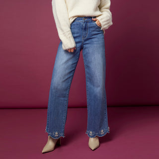 Bambu Soft Wide Leg Scalloped Bottom with Pearls - Medium Denim