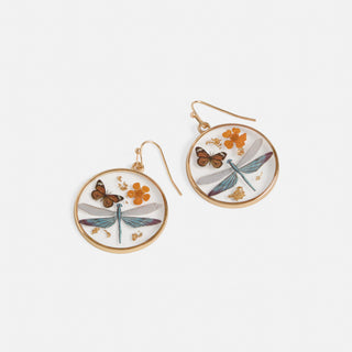 Pressed Flower Earring - Round Dragonfly