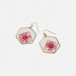 Pressed Flower Earring - Pink Hexagon