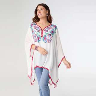 Riley V-Neck Poncho with Embroidery - White