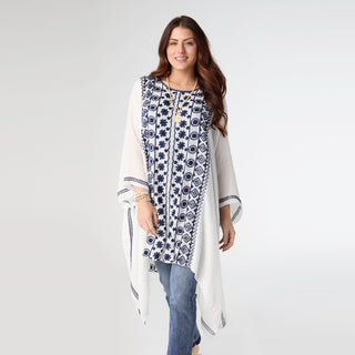 Callie Relaxed Poncho with Embroidery - White/Navy