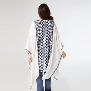Callie Relaxed Poncho with Embroidery - White/Navy