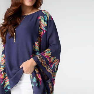Nia Poncho with Embroidery - Navy
