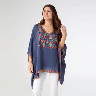 Sariah V-Neck Poncho with Embroidery - Navy