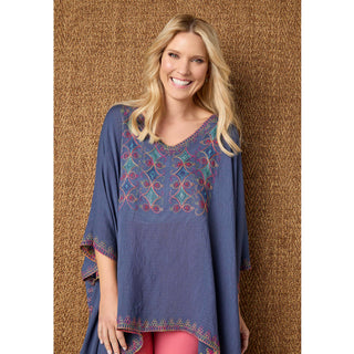 Sariah V-Neck Poncho with Embroidery - Navy