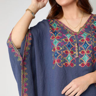 Sariah V-Neck Poncho with Embroidery - Navy