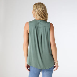 Erin Pleat Back V-Neck Tank - Spruce Green