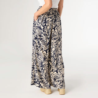Dinara Flowy Pant with Cinched Waist - Navy/Tan