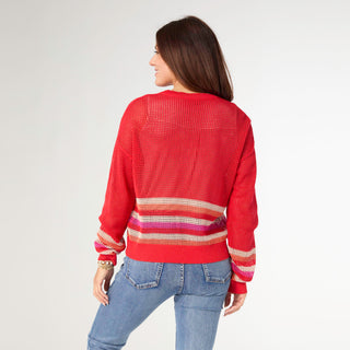 Silene Open-Stitch Sweater with Bottom Stripe - Red