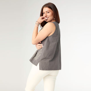 Ava Tank with Floral Embroidery - Carbon Grey