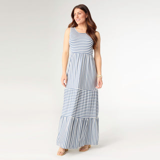 blue and white striped tiered dress Navy Striped Tiered Short Dress | Women's Clothing