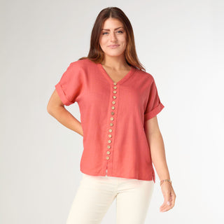Sophia Top with Button Detail - Bright Coral