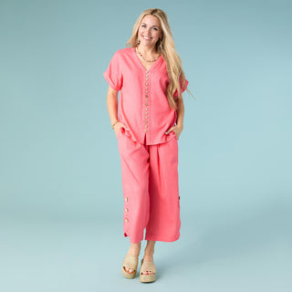 Sophia Top with Button Detail - Bright Coral