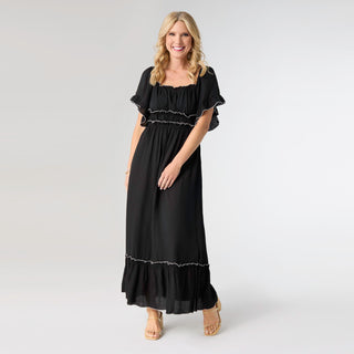 Lydia Tiered Maxi Dress with Flutter Sleeves - Black