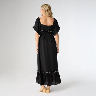 Lydia Tiered Maxi Dress with Flutter Sleeves - Black