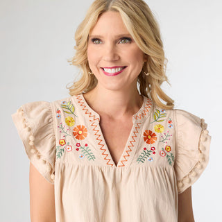 Freya Embroidered Dress with Flutter Sleeve - Beige