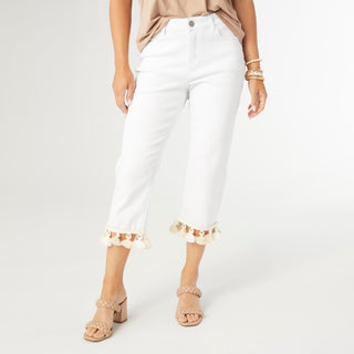 Kim Straight Leg Crop Pant with Tassels - Crisp White