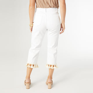 Kim Straight Leg Crop Pant with Tassels - Crisp White