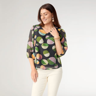Corey Printed Elbow Sleeve V-Neck Top - Bold Dots