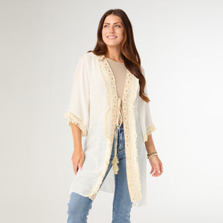 Ann Tie Cardigan with Decorative Border - White