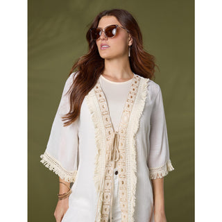 Ann Tie Cardigan with Decorative Border - White